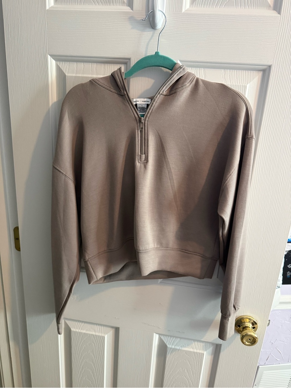 Cropped Taupe Half-Zip Hoodie Sweater - Women's Casual Pullover
